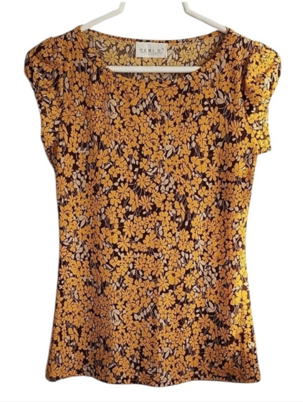 Geri C Floral Gathered Baby Cap-Sleeve Tee Yellow Brown Jr.M
